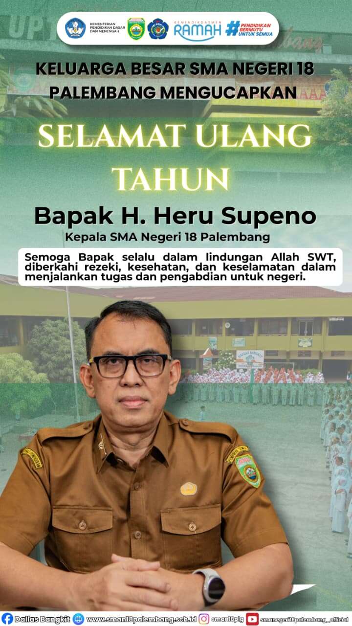 KELUARGA BESAR SMA NEGERI 18 PALEMBANG MENGUCAPKAN SELAMAT ULANG TAHUN KEPADA BAPAK H. Heru Supeno, S.Pd., M.Si